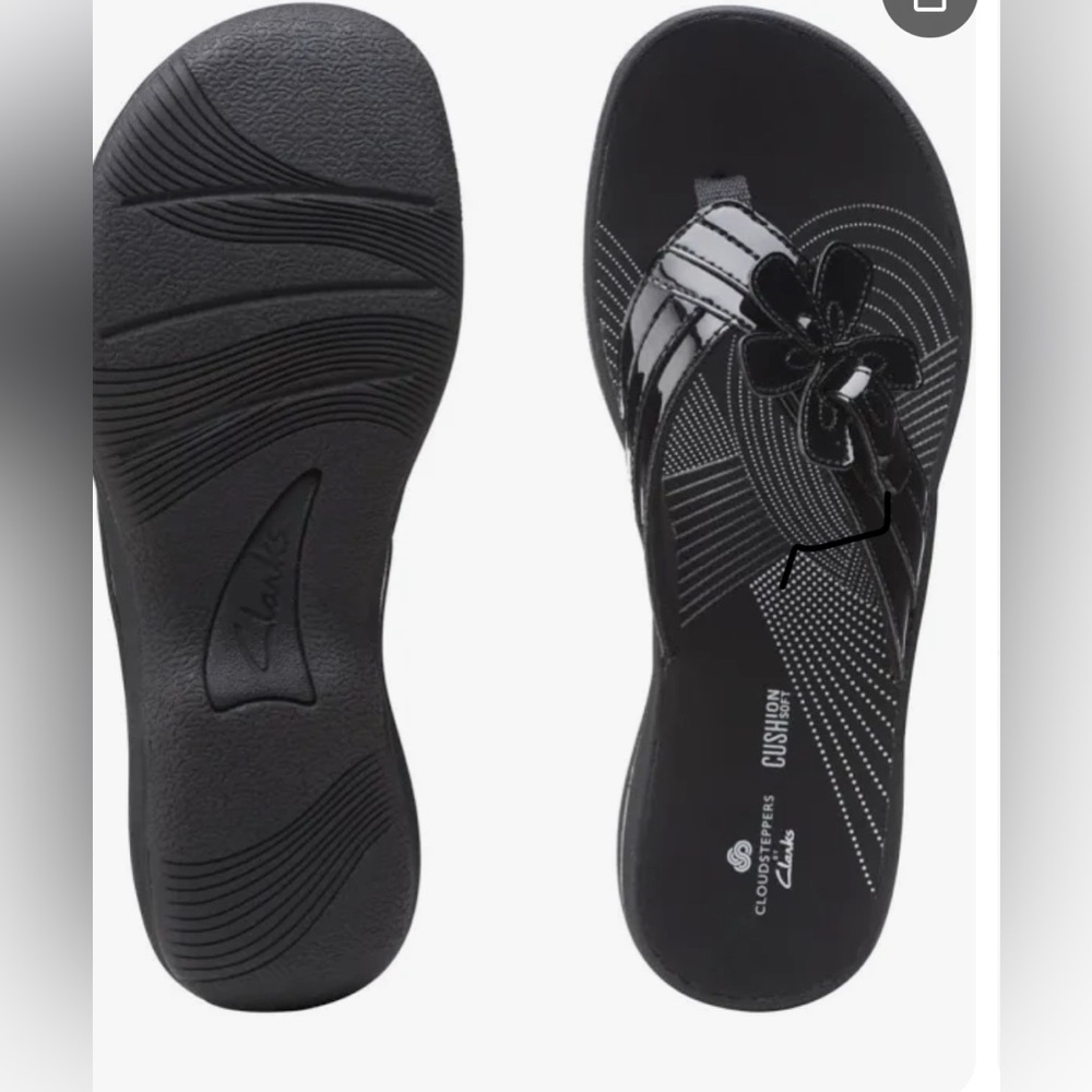 • Clarks • CloudSteppers Brinkley
Flora Black Patent Sandals • 9M